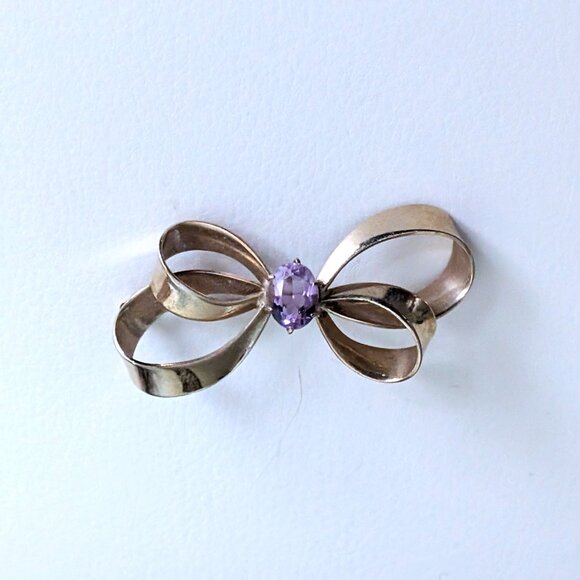 Vintage Designer Winard Signed 12K Yellow Gold Filled Amethyst Bow Brooch Pin - Picture 7 of 9